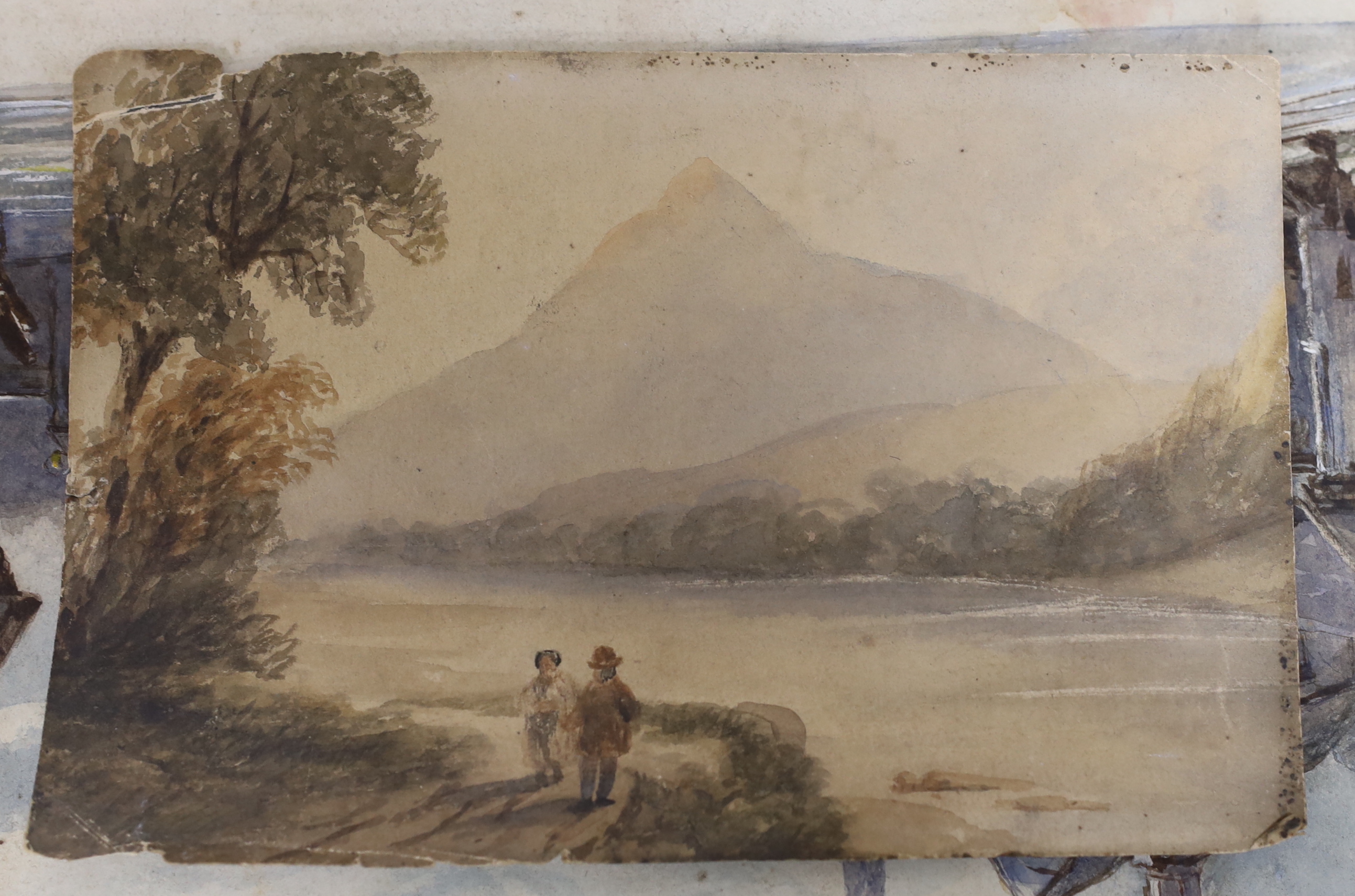 A collection of watercolours and prints including landscapes and garden scenes, one signed H. H. Hillman, largest 36 x 64cm